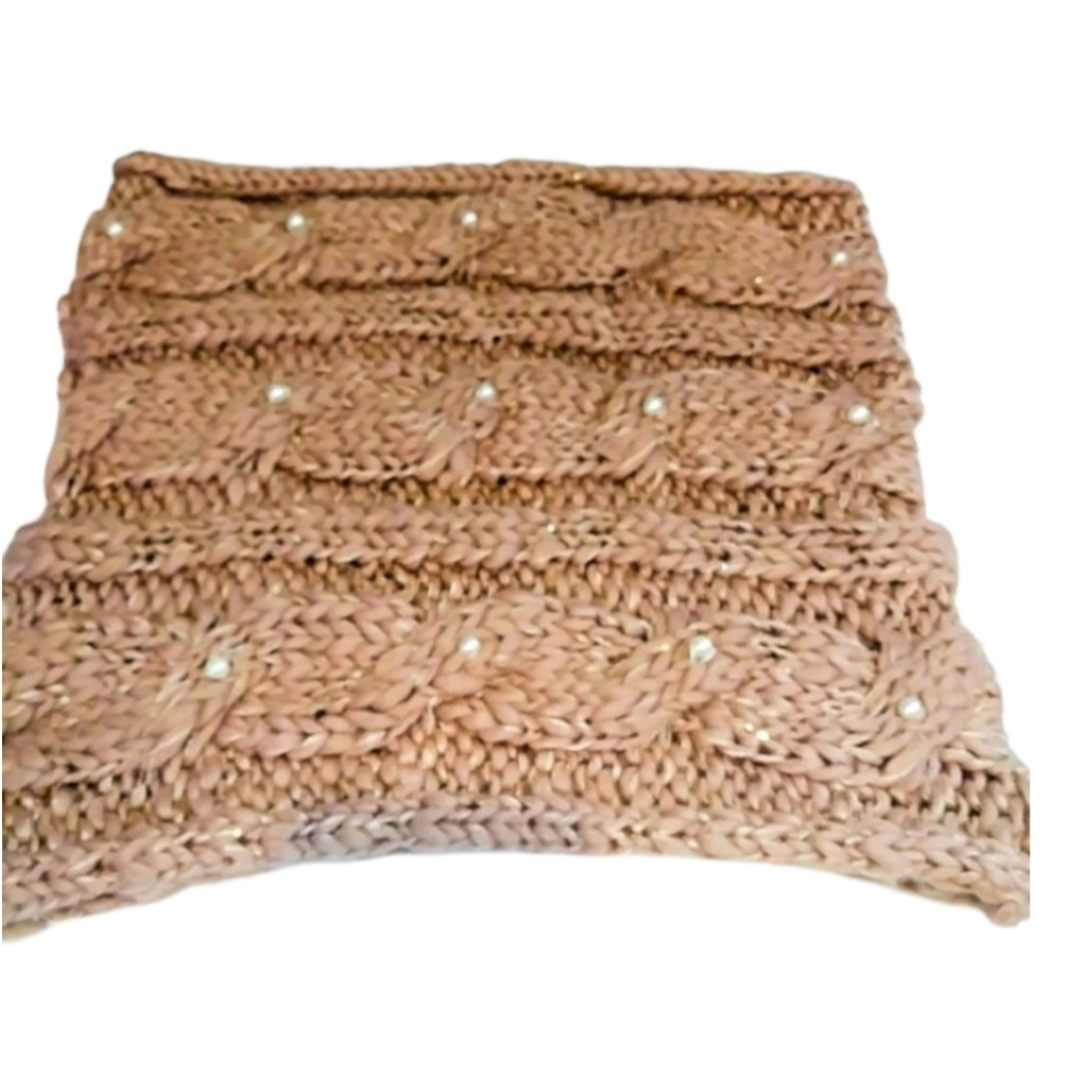 Betsey Johnson Lightweight Knit Infinity Scarf, Beige with Pearl Accents